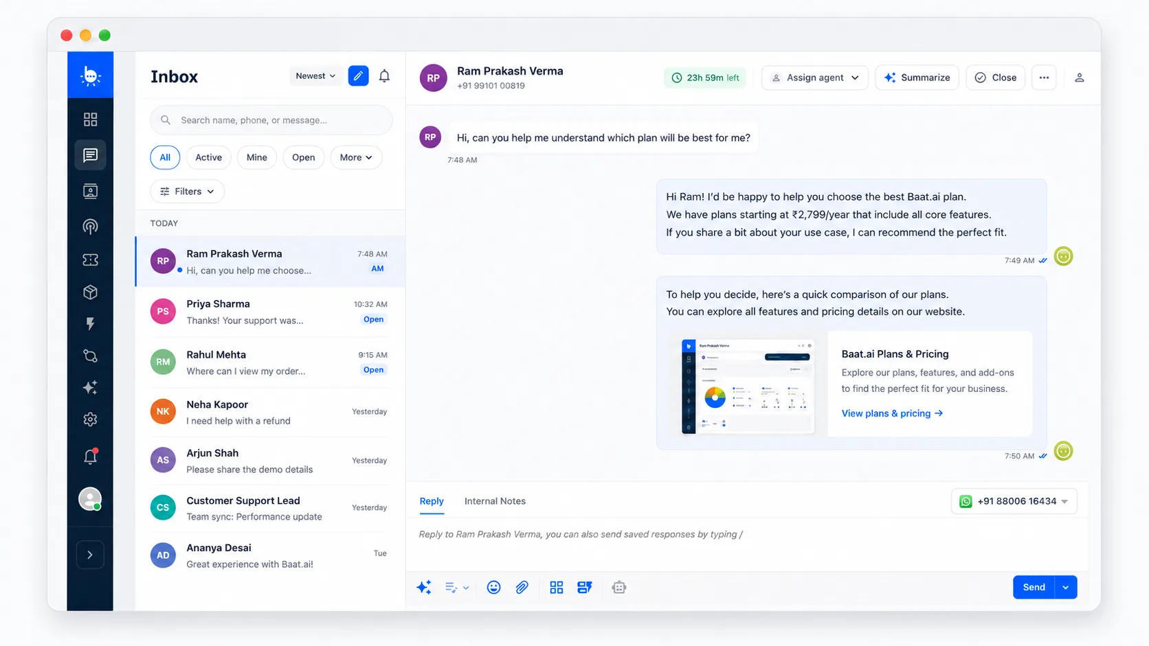 The Baat shared inbox: a list of customer conversations on the left, and an open WhatsApp chat on the right with Assign agent and Summarize controls.