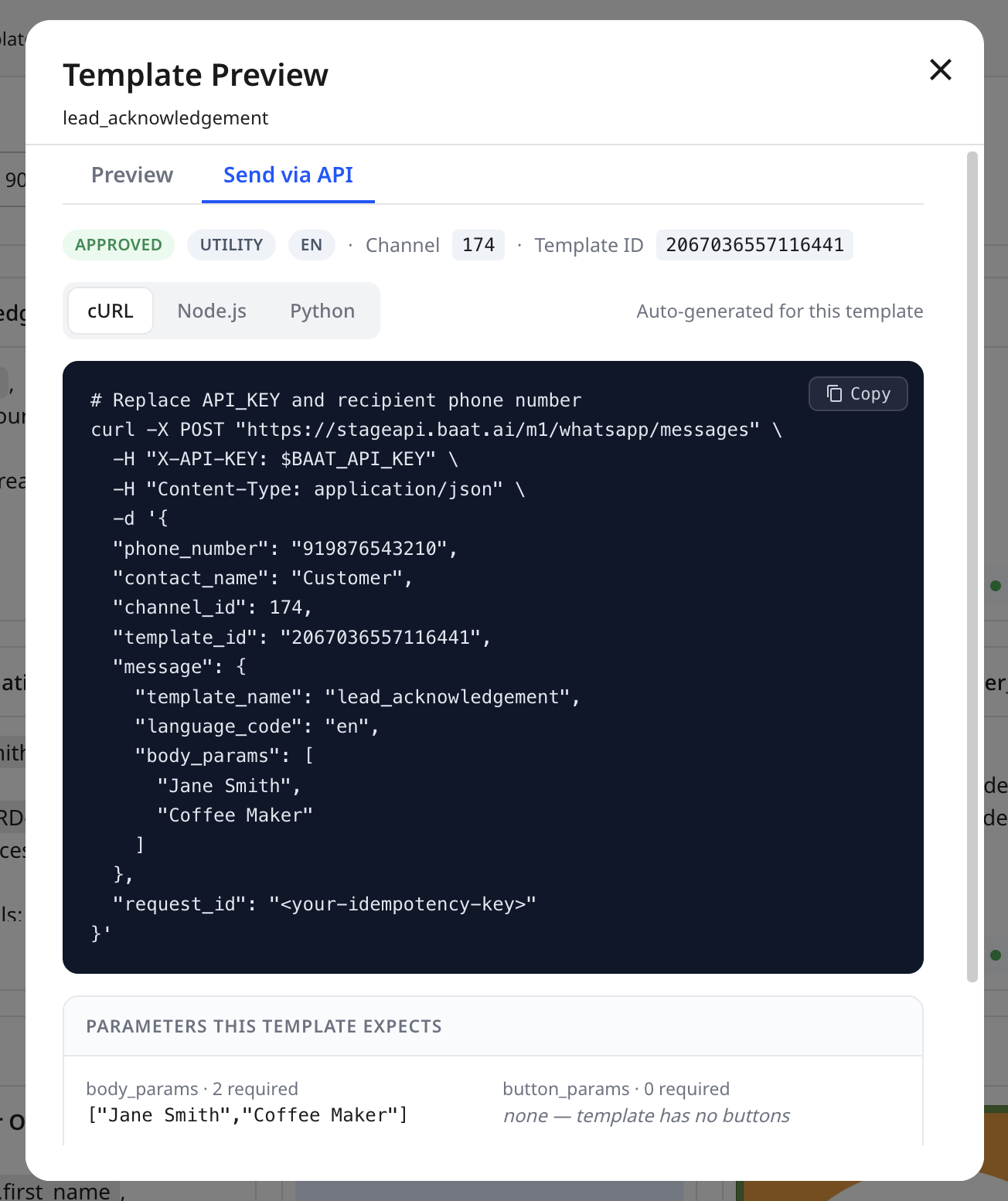Template Preview Send via API tab showing an auto-generated cURL snippet for the lead_acknowledgement template, plus the parameters the template expects